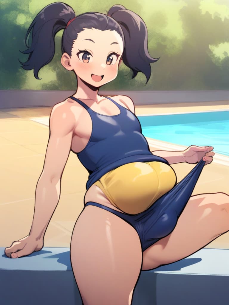  women's elementary , twin tails, cute smiles, big s, big s, low stature, dark blue swimwear, old swimwear, , simple, (bulging), man (bulge), (bulge), shaped clear, clear ( ), ochinchin, front, whole body, pool side,