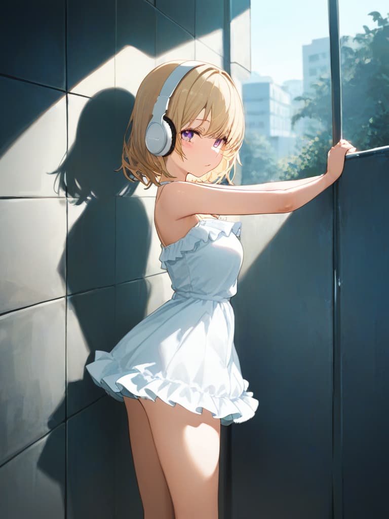  white frilled dress swimwear, back, blond twin tail, white headphones, whole body, legs, hugging on the wall, pose protruding , tile walls, small , s, slim dresses on the wall, slim dress , a with a small , masterpiece, best quality,8k,ultra detailed,high resolution,an extremely delicate and beautiful,hyper detail