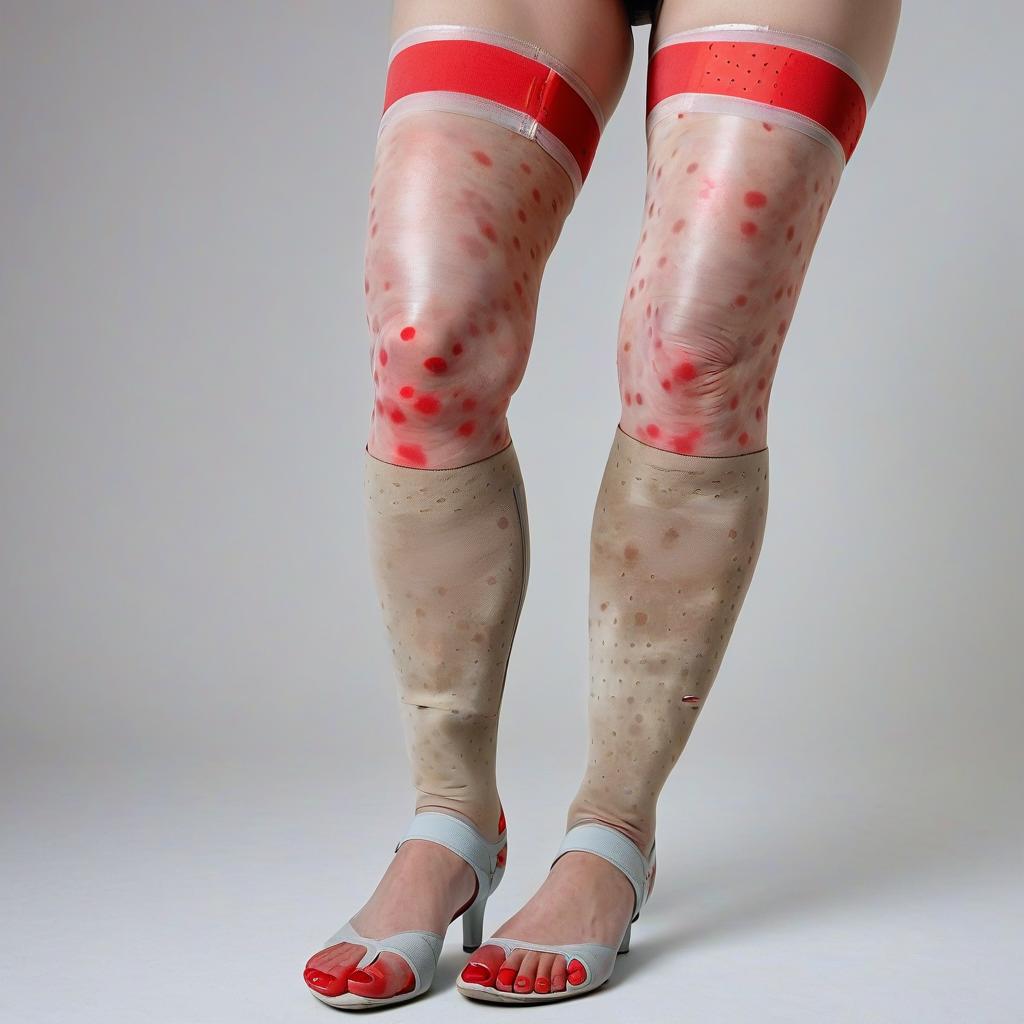  a sorrowful woman wearing orthopedic shoes that clearly rub and cause discomfort, with red, irritated spots visible where the shoes chafe. her legs are tightly bound in orthopedic compression stockings that appear too tight, causing discomfort. she is also wearing an ill fitting orthopedic brace, which looks awkward and uncomfortable as it pinches her skin. the woman’s facial expression reflects pain and frustration as she struggles with the discomfort of these orthopedic items.