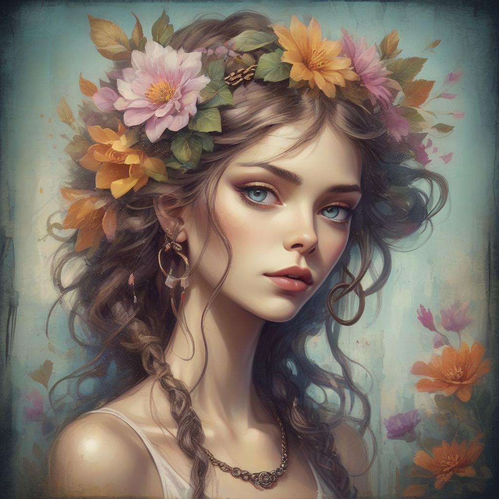  grunge style a painting of a woman with flowers in her hair, beautiful fantasy art portrait, exquisite digital illustration, beautiful fantasy portrait, highly detailed digital painting, style of laura sava, beauty art nouveau woman, exquisite digital art, beauty woman with detailed faces, romanticism artwork, woman in flowers, in style of anna dittmann, detailed realistic beautiful, beautiful gorgeous digital art . textured, distressed, vintage, edgy, punk rock vibe, dirty, noisy