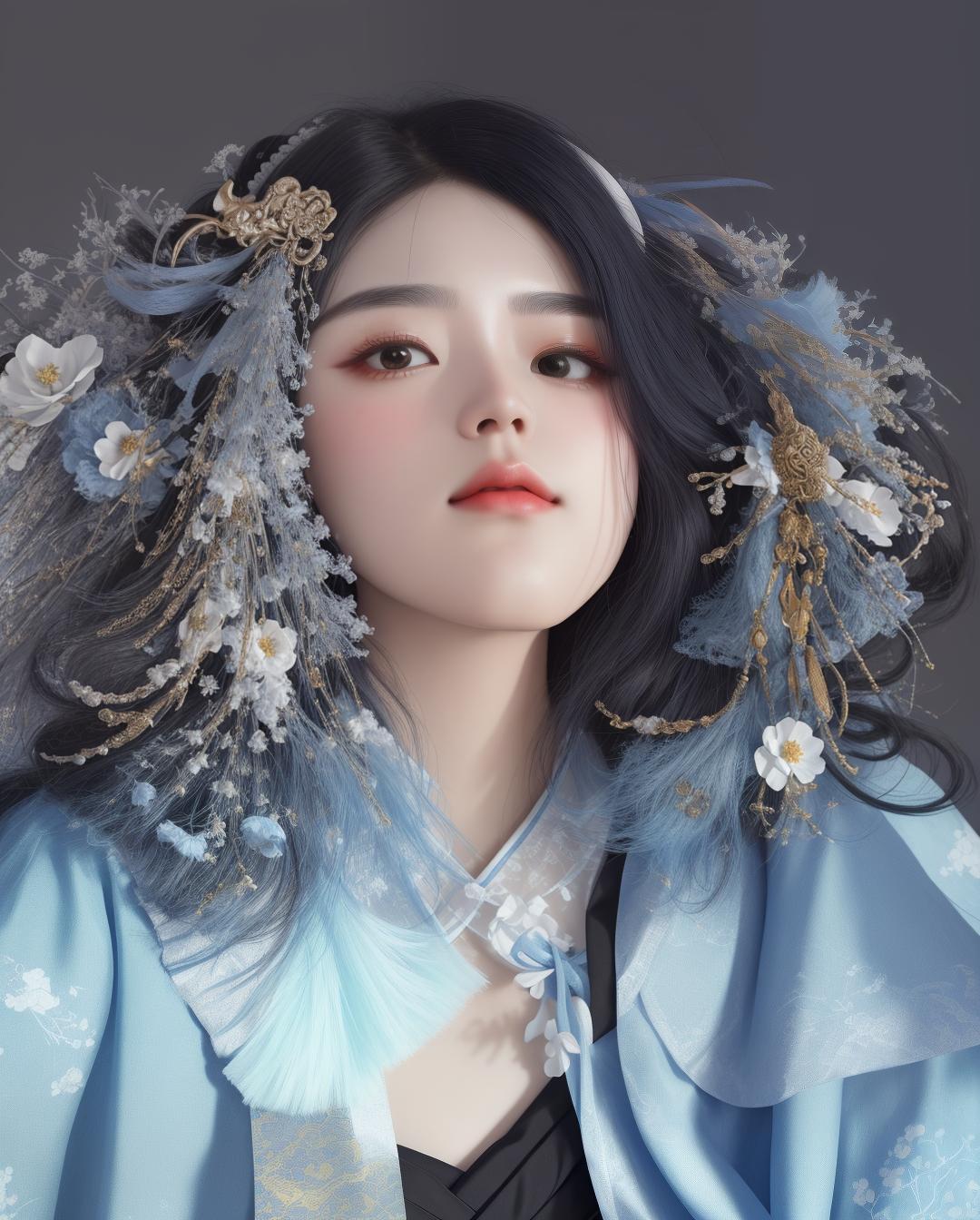  masterpiece, best quality, (fidelity: 1.4), best quality, masterpiece, ultra high resolution, poster, fantasy art, very detailed faces, 8k resolution, chinese style, an woman, side face, quiet, light blue hanfu, tulle coat, long black hair, light blue fringed hair ornament, hairpin, white ribbon, white flower bush, light blue butterfly flying, cinematic lighting effects