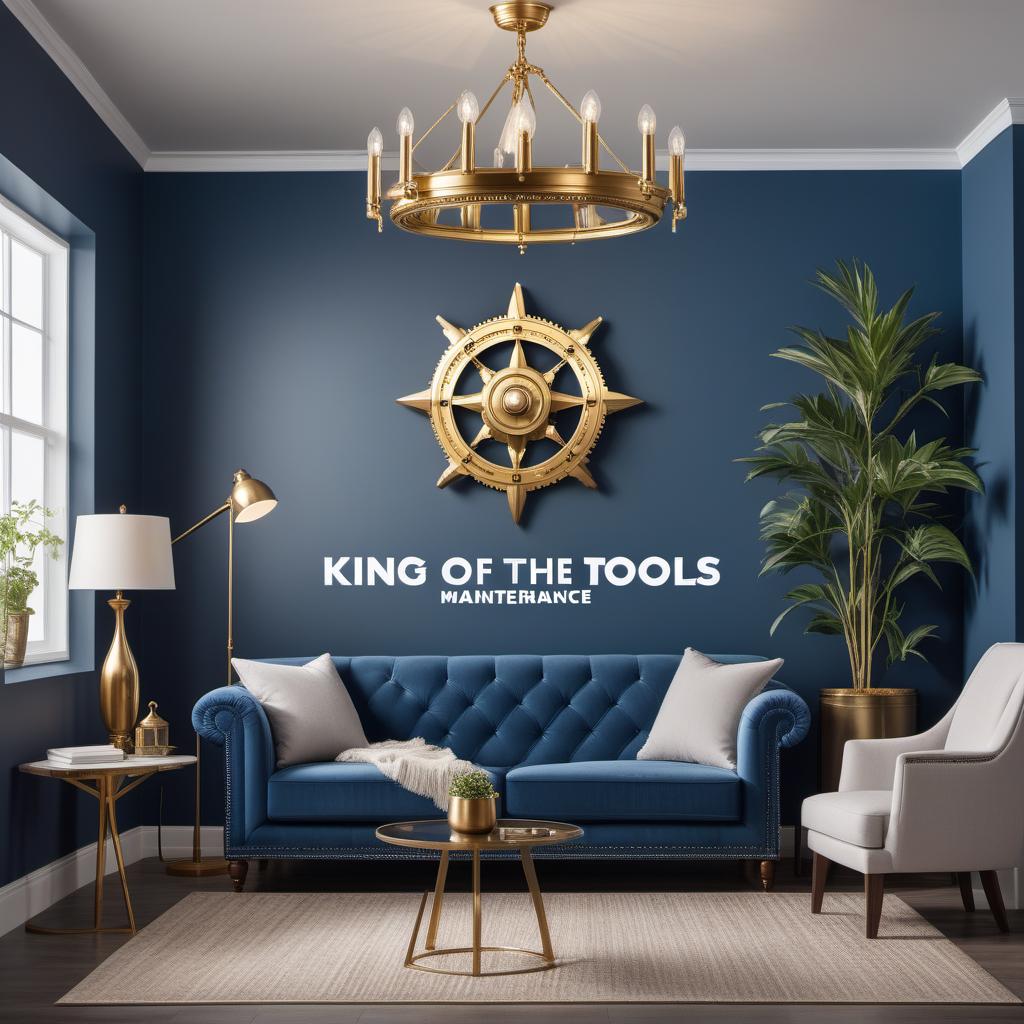  A Facebook post image for a home maintenance business called 'King of the Tools'. The design should include a professional logo of a crown combined with tools (like a hammer or wrench), a catchy tagline 'Your Home, Our Kingdom', contact information at the bottom, and a clean, modern design with a mix of deep blue and gold colors. The background should show a well-maintained home. The text 'Affordable, Reliable, and Professional Home Maintenance Services' should be prominently displayed. Include social media icons at the bottom for Facebook, Instagram, and Twitter. hyperrealistic, full body, detailed clothing, highly detailed, cinematic lighting, stunningly beautiful, intricate, sharp focus, f/1. 8, 85mm, (centered image composition), (professionally color graded), ((bright soft diffused light)), volumetric fog, trending on instagram, trending on tumblr, HDR 4K, 8K