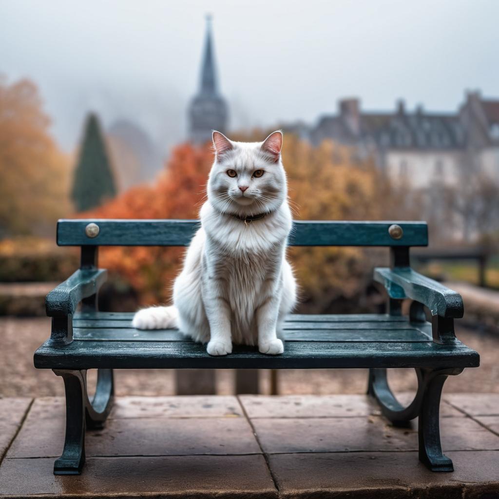  a cat sitting on a bench hyperrealistic, full body, detailed clothing, highly detailed, cinematic lighting, stunningly beautiful, intricate, sharp focus, f/1. 8, 85mm, (centered image composition), (professionally color graded), ((bright soft diffused light)), volumetric fog, trending on instagram, trending on tumblr, HDR 4K, 8K