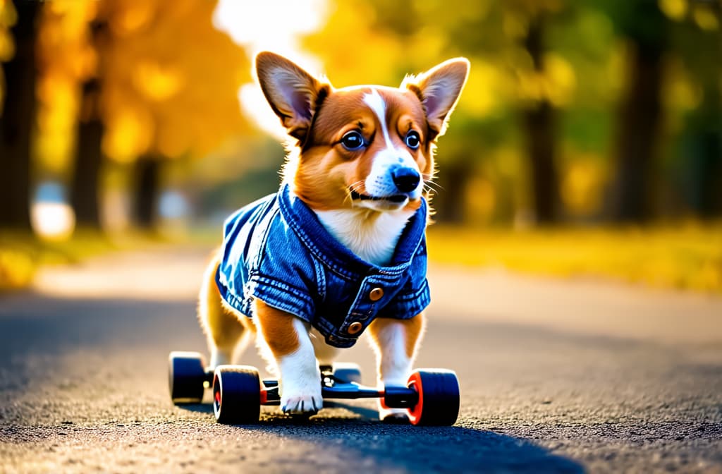  cinematic film style, a corgi puppy stands on four legs on a skateboard on an asphalt path in an autumn park in a denim sleeveless jacket , shallow depth of field, vignette, maximum details, high budget hollywood movie, bokeh, cinemascope, moody, epic, gorgeous, sun rays and shadows on furniture and surfaces, flattering light, raw photo, photography, photorealistic, 8k resolution, f1.4, sharpened focus, sharp focus