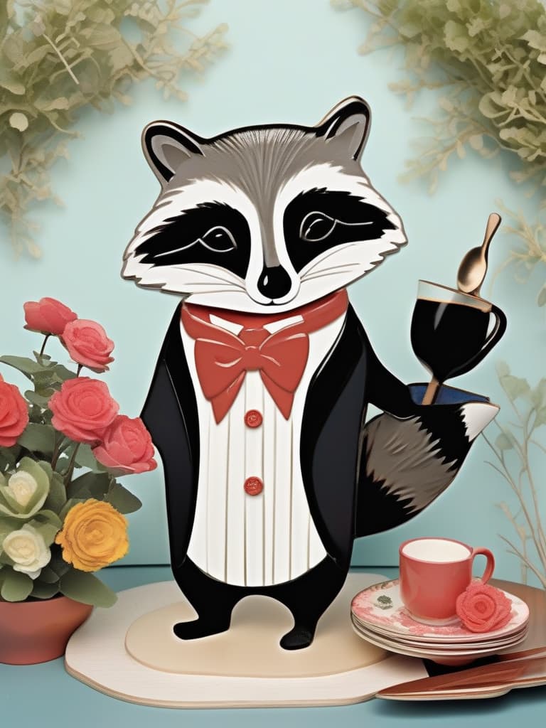  (tuxedo worn,super cute raccoon butler: 1.4),garden with roses in bloom,garden table,tea set,(super cute raccoon butler serving),