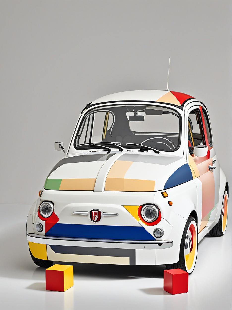  minimalism, fiat 500 2014, made out of 1x1x1 cube blocks, abstract, simple geometic shapes, hard edges, sleek contours, minimalism