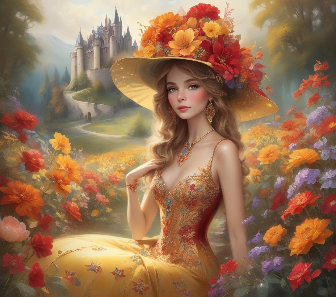  a glamorous woman relaxes amidst vibrant flowers, adorned in an elaborate, jewel embellished gown. her elegant hat contrasts beautifully with the rich colors surrounding her. full body portrait of a beautiful goddess, dressed in a satin intricate turqoise and red dress with golden striped ornaments, she is wearing a big hat with golden and turqoise flowers, she is surrounded by an abundance of big fall colored flowers in yellow, orange, red flowers and behind her is a castle, at with style by thomas kinkade+david a. hardy+carne griffiths+mandy disher, key light reflecting in eyes, perfect composition and lighting, half vivid colors fine art, best quality, high detailed, detailed faces, 2d, flat, cute, adorable, fairytale, storybook detaile