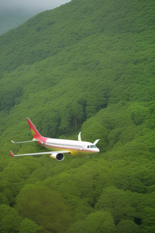  this image is a high resolution photograph capturing a vivid aerial view of a lush, forested landscape. the central subject is a bright yellow airplane, likely a small, single engine plane, flying from the bottom left to the top right of the frame. the plane is in clear view, with its wings and fuselage distinct against the dense greenery below. the forest is dense with a variety of trees, their leaves ranging from dark green to light green, creating a rich tapestry of textures and shades. surrounding the plane, the forest is enveloped by a layer of mist or low lying clouds, adding a sense of depth and mystery to the scene. the mist is predominantly white with subtle hints of pink and orange, suggesting either the early morning or late afte