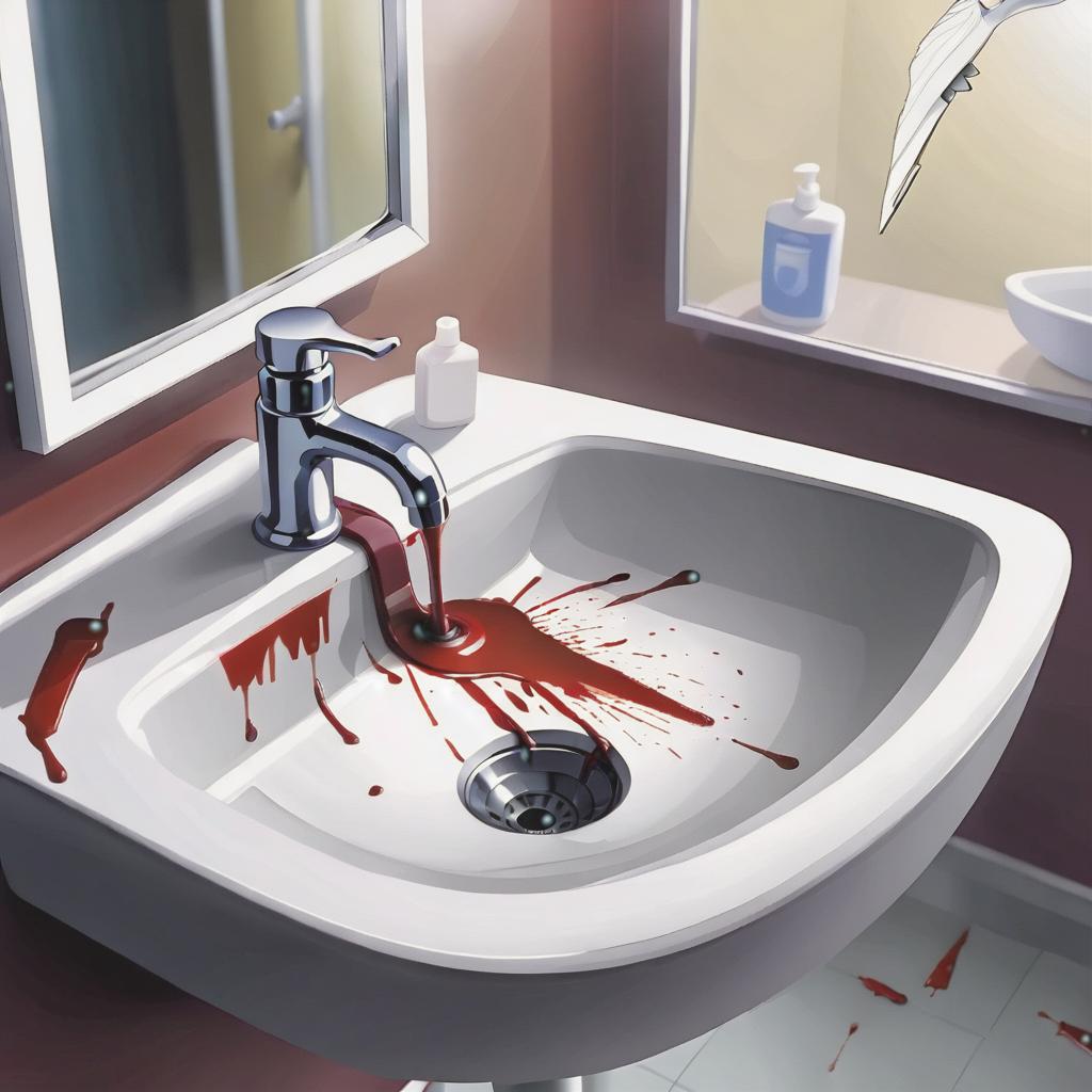  a white sink in front of a mirror. a razor blade laying in the sink. blood from the razor blade drains into the sink