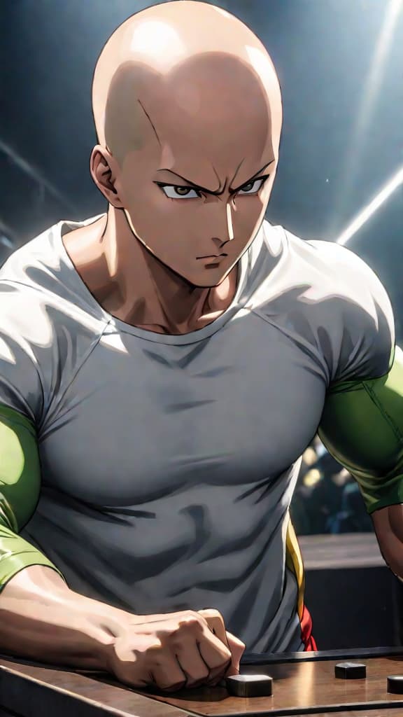  anime art: saitama's overwhelming strength hints at his potential as the top hero in the s rank. hyperrealistic, full body, detailed clothing, highly detailed, cinematic lighting, stunningly beautiful, intricate, sharp focus, f/1. 8, 85mm, (centered image composition), (professionally color graded), ((bright soft diffused light)), volumetric fog, trending on instagram, trending on tumblr, HDR 4K, 8K