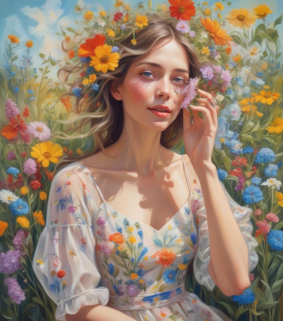  surrealist art garden wonders, beautiful woman holding a bouquet of wild flowers to her face, detailed summer garden background, wearing a summer dress, perfect face, delicate face, vivid colors, happiness, oil painting, expressive brushwork, highly detailed, delicate details . dreamlike, mysterious, provocative, symbolic, intricate, detailed