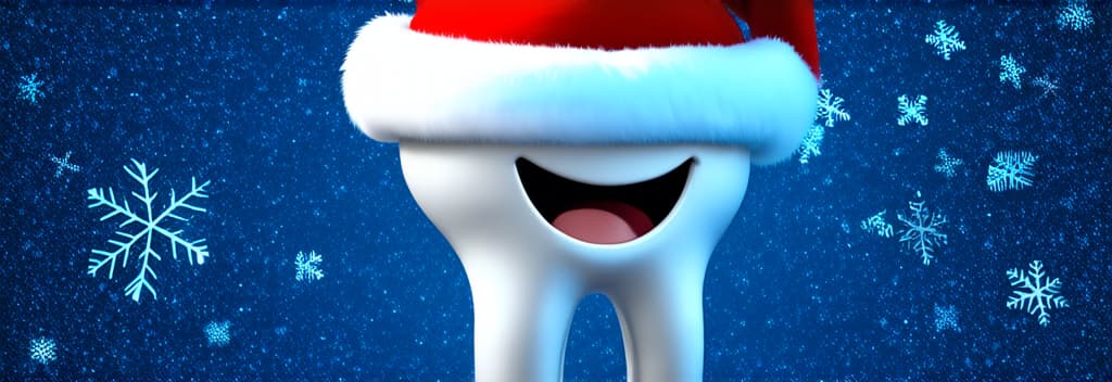  epic realistic, hyperdetailed, (cycles render:1.3), caustics, (glossy:0.58), (artstation:0.82),full white smiling tooth in santa's hat in left side of image against blue background with many white snowflakes ar 3:1