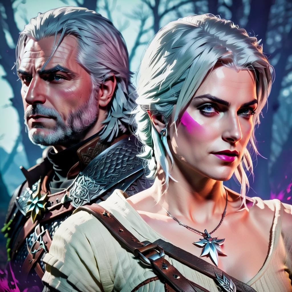  pop art style portrait of ciri zirilla and geralt from the witcher 3 . bright colors, bold outlines, popular culture themes, ironic or kitsch, t shirt design