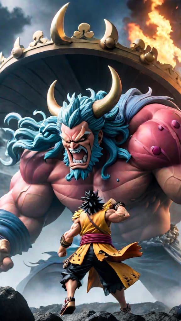  anime art of big mom and kaido's clash, showcasing their monstrous powers from their days in the rocks pirates in one piece. hyperrealistic, full body, detailed clothing, highly detailed, cinematic lighting, stunningly beautiful, intricate, sharp focus, f/1. 8, 85mm, (centered image composition), (professionally color graded), ((bright soft diffused light)), volumetric fog, trending on instagram, trending on tumblr, HDR 4K, 8K