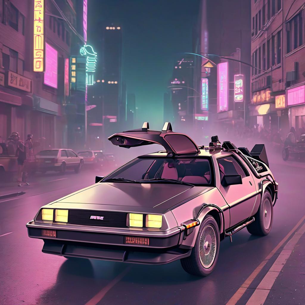  a back to the future delorer car driving down a city street, 1980s photography, cyberpunk, anime, synthwave