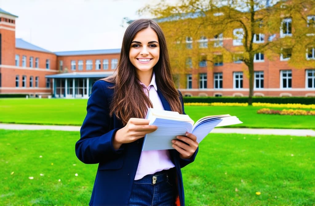  female student, smile and keep notes for knowledge at college stand against the backdrop of university campus ,happiness at university ar 3:2 {prompt}, maximum details