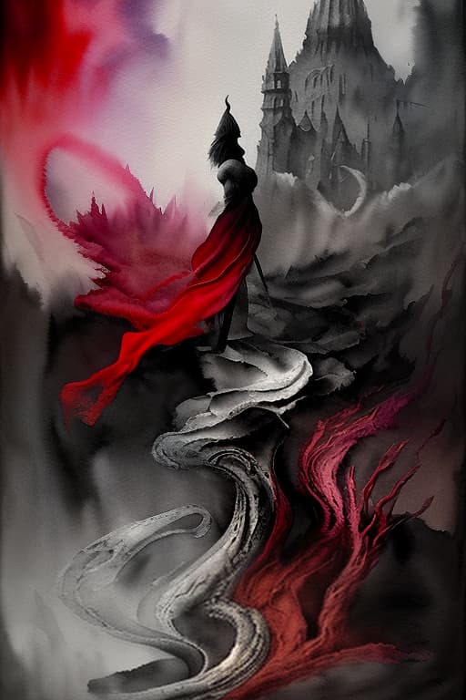  prince, sorcerer, ancient rus, ashes. painted by brush and paints, watercolor, blurred and flowing shadows, painting. black, red, gray. fantasy., (surrealism), dreamlike , distorted , abstract , symbolic