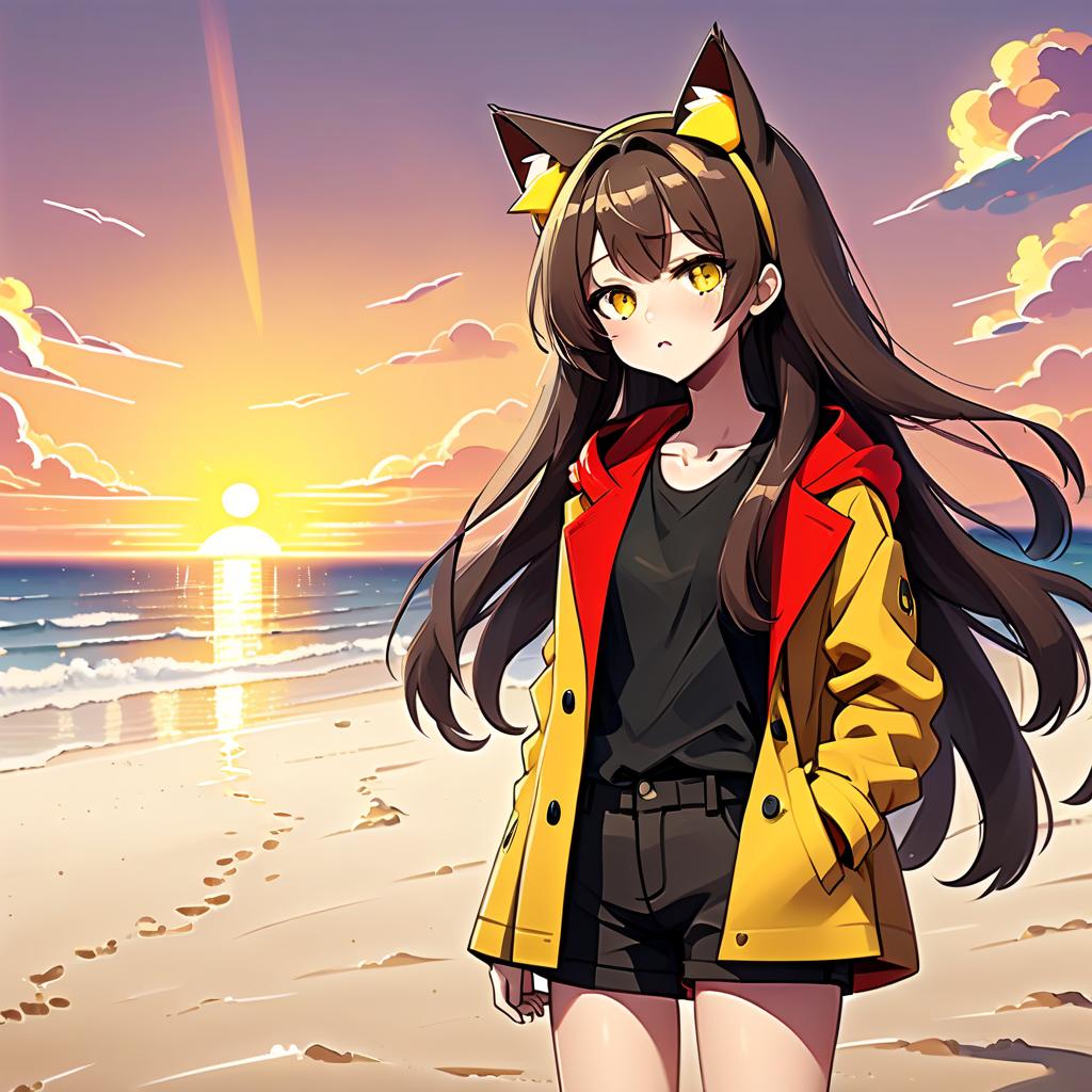  architectural style an anime style girl with cat ears stands on the beach, where soft sand extends to the horizon. he has long dark brown hair, which flies slightly in the breeze. his face, with pronounced jewish and slavic features, radiates lively energy. brown eyes are full of deep emotions, as if reflecting the vast expanses of the ocean. he wears a bright yellow coat that seems to shine, catching the eye and contrasting with the soft shades of the sunset. under his coat he wears a black shirt and black pants are decorated with yellow elements, creating a stylish and dynamic look. bright red sunset, and bright red rays of the sun fall on the terrain, highlighting the sandy shore and contrast with the night darkness. . clean lines, geome