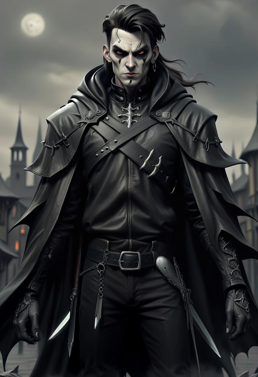  macabre style human male warlock, simble plain black leather jacket, grey cape, two swords, dark town background . dark, gothic, grim, haunting, highly detailed, civitai