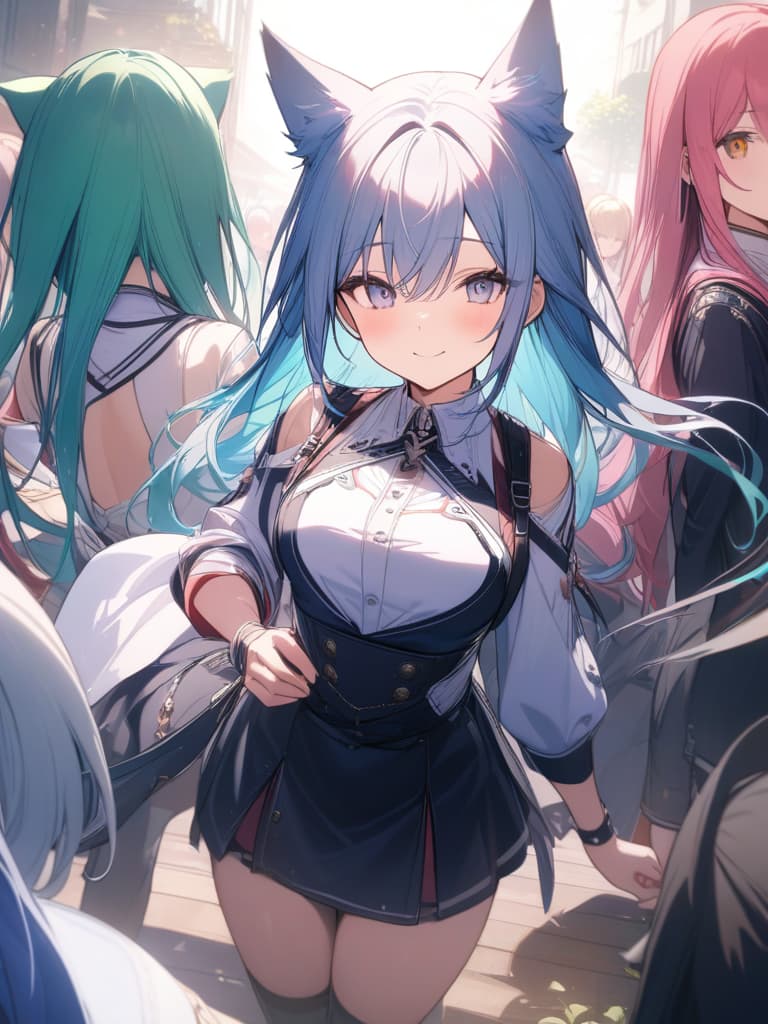  girls, 5 students, smiles, classes, wolf ears, long hair, light blue hair, green hair, pink hair, masterpiece, best quality,8k,ultra detailed,high resolution,an extremely delicate and beautiful,hyper detail