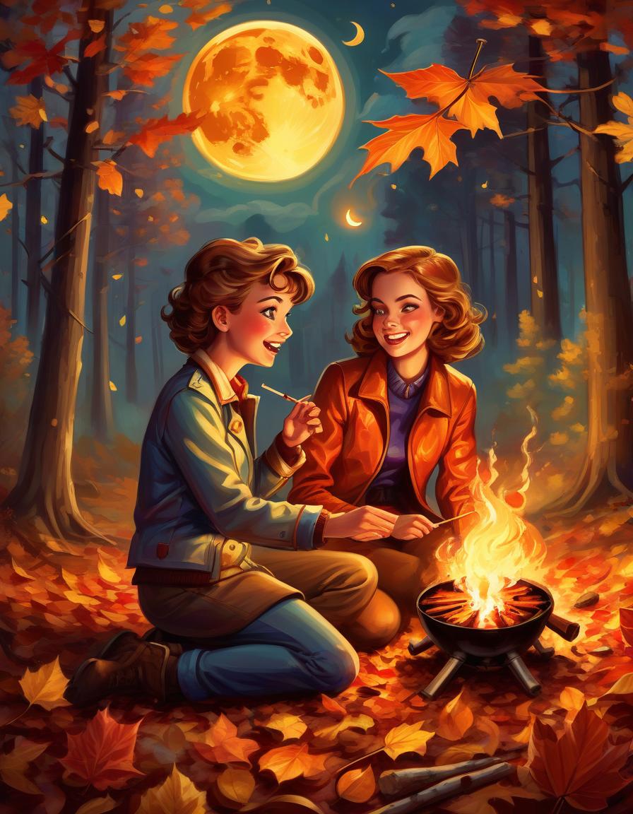  retro game art digital painting with elements of oil paints. a couple in love in an autumn forest by a fire roasting marshmallows on sticks, a date with benefits, a humorous cheerful look, loving eyes and hearts, autumn leaves caught by the wind swirl near them, a romantic large moon in the sky, comicbook, comicbook style . 16 bit, vibrant colors, pixelated, nostalgic, charming, fun