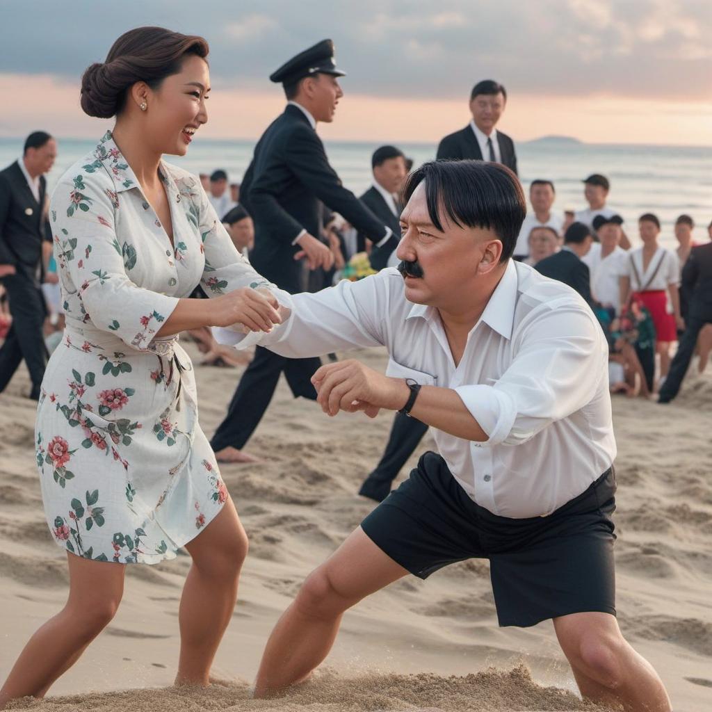  adolf hitler an kim jon un dancing on beach, profile image style