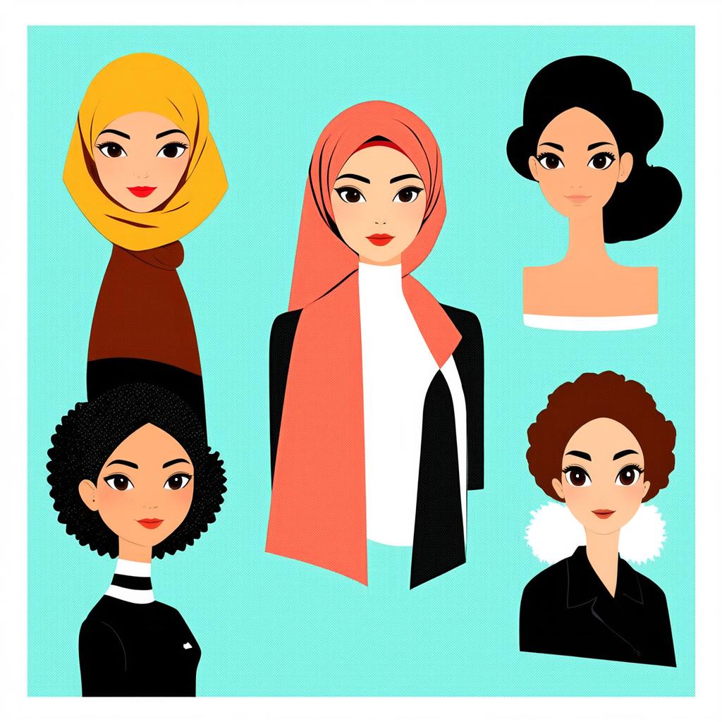  flat illustration, flaticon, (illustration:1.15), different beauty. set of different female heads in headscarf. different races and nationalities. colored hand drawn illustration, [cory loftis, strobist, pascal campion :: 0.2]