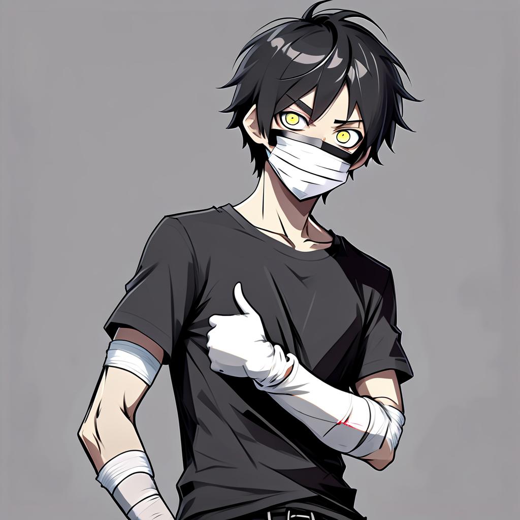  anime sketch. a guy with dull mask of happiness on his face. gray eyes. slender body. bandaged forearms. black t shirt. short black hair. looking at the viewer. simple gray background. 4k. 8k. 16k. high resolution. hdr. high quality. insane detalisation