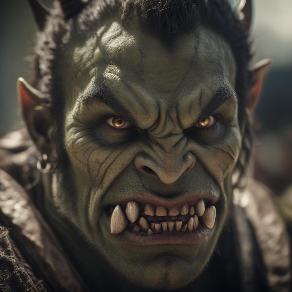  cinematic film still orc. thin, bronze skin, fangs. brown eyes, . shallow depth of field, vignette, highly detailed, high budget, bokeh, cinemascope, moody, epic, gorgeous, film grain, grainy