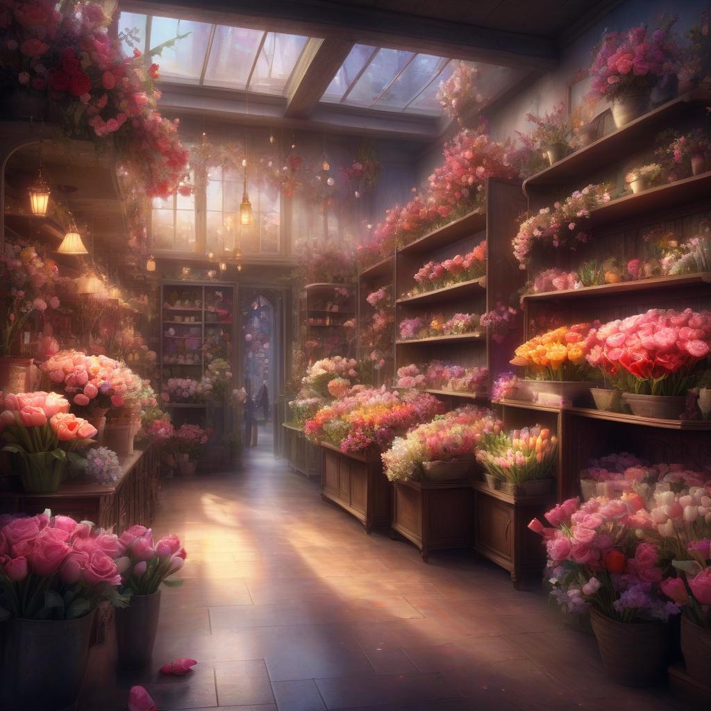  ethereal fantasy concept art of flower shop fantastic. night. blossoms with flowers on shelves and on the floor. roses and tulips swirl in dance. rose and tulip dance together. fairy tale, magic, fantasy, fantasy, fantasy. . magnificent, celestial, ethereal, painterly, epic, majestic, magical, fantasy art, cover art, dreamy, civitai