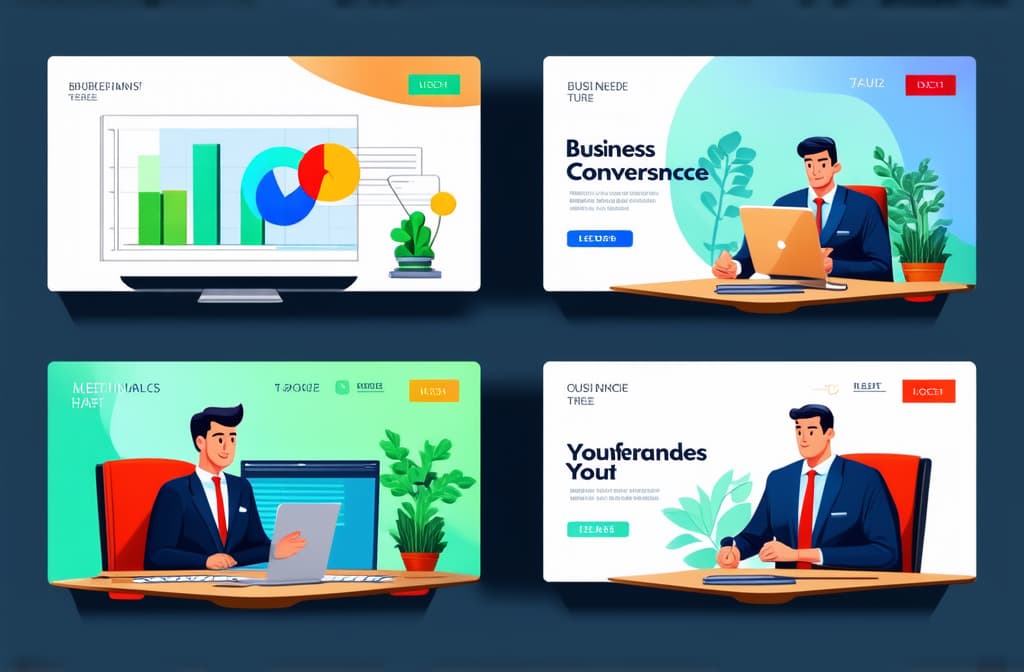  professional detailed photography, set of business concept design vector illustrations. for graphic and web banners. cartoon character design. online meeting by video conference. business planning. data analytics. finance ar 3:2, (muted colors, dim colors, soothing tones), (vsco:0.3)