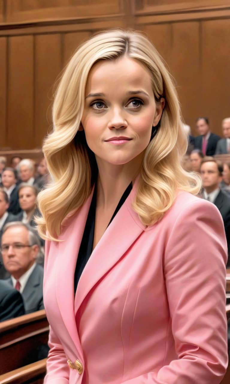  concept art color pink, white, black, gold courtroom young reese witherspoon to the waist in a pink suit speaks before the judge blonde . digital artwork, illustrative, painterly, matte painting, highly detailed, perfect hands