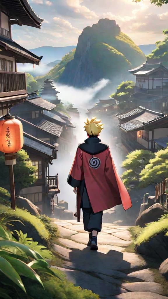  anime art boruto from naruto in hidden leaf village with fewer hokage faces on the rock and familiar yet different streets hyperrealistic, full body, detailed clothing, highly detailed, cinematic lighting, stunningly beautiful, intricate, sharp focus, f/1. 8, 85mm, (centered image composition), (professionally color graded), ((bright soft diffused light)), volumetric fog, trending on instagram, trending on tumblr, HDR 4K, 8K