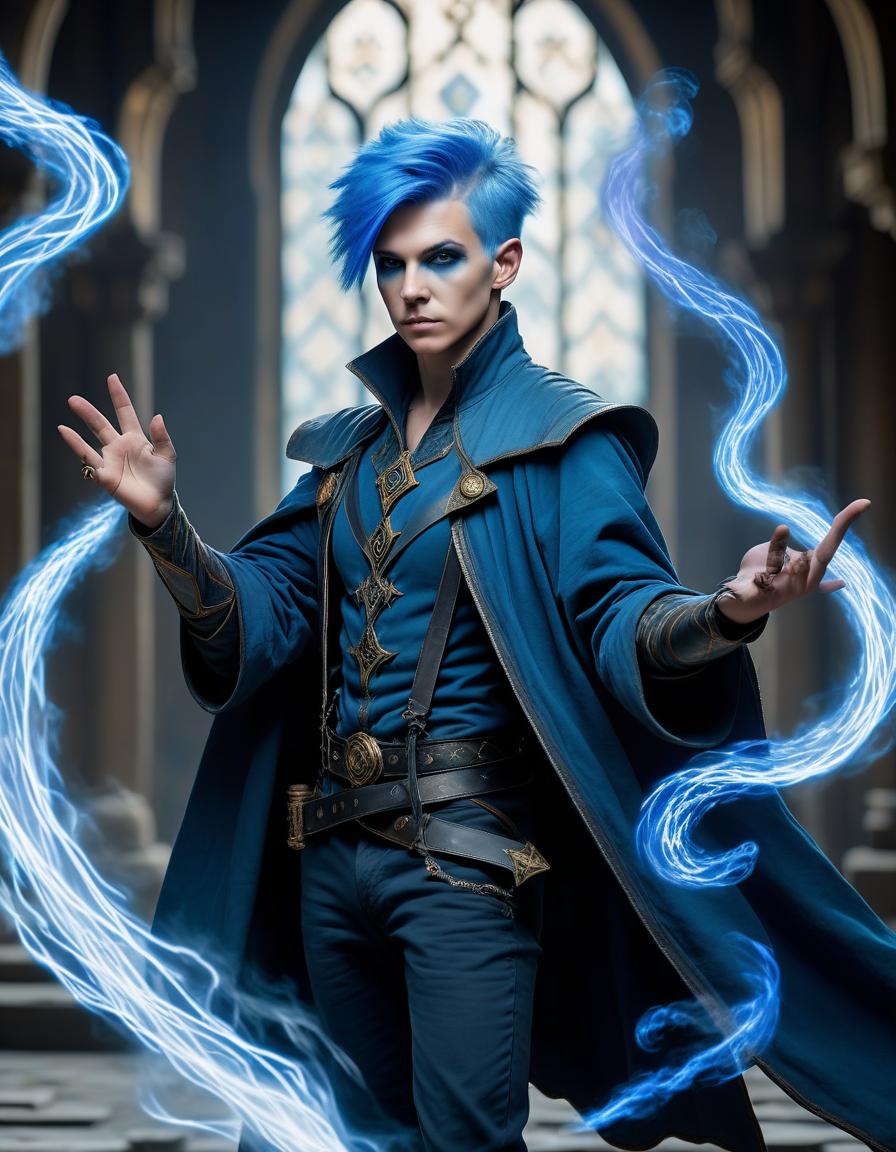  genazi air, man, short hair, blue hair, air magician, sorcerer, fantasy style, full body, 8k, hdr, masterpiece, hyperrealisme