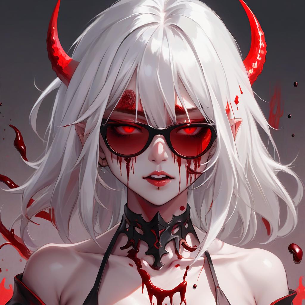  demon , white hair, asian, red shades, blood on the face, 