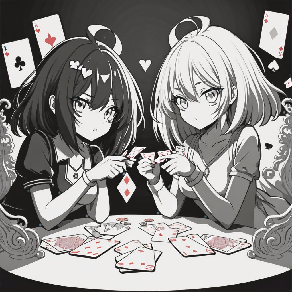  line art drawing two girl play cards, same nightmare. anime style . professional, sleek, modern, minimalist, graphic, line art, vector graphics