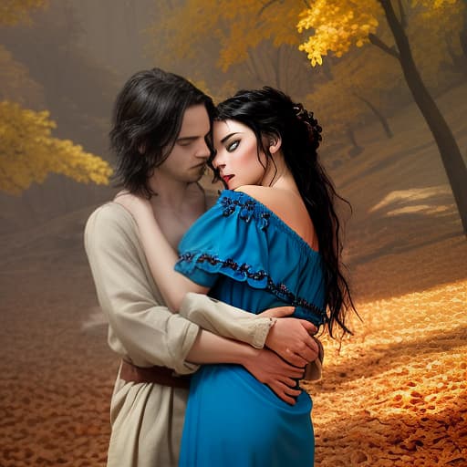  a romantic and dramatic fantasy digital painting depicting a man and woman embracing in a ruined area. it is a vibrant autumn day with falling leaves. the man on the left has tousled shoulder length black hair, sunken cheeks and a serious expression. he wears a black shirt with wide sleeves and a deep v neck, paired with black pants. his head is tilted down, resting on the woman’s head, conveying a sense of security and closeness. the woman on the right has long, flowing dark hair that appears to be frozen in motion, with golden highlights creating a sense of movement. she wears a vibrant blue off the shoulder dress with short puff sleeves, adorned with intricate beading, sequins and embroidery. her dress flows dynamically, accented with 