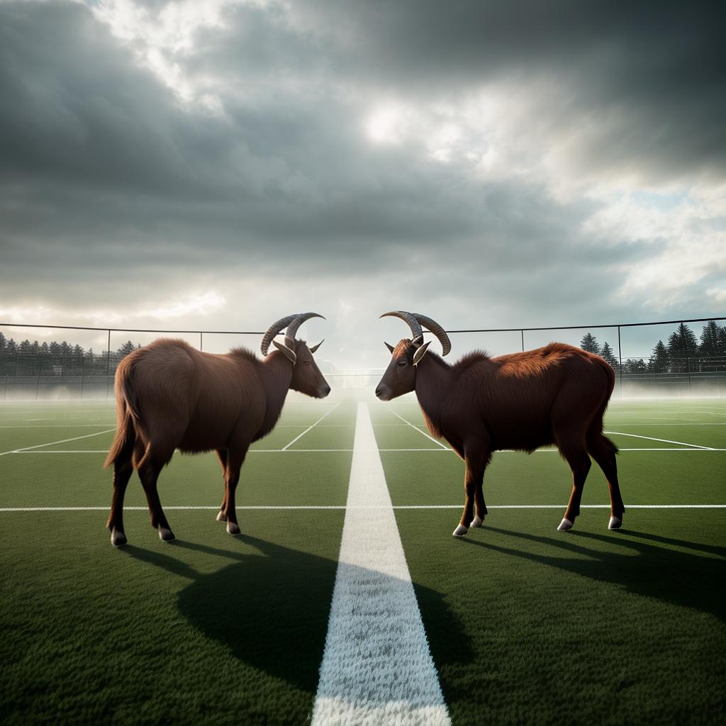  goats fighting in a football field hyperrealistic, full body, detailed clothing, highly detailed, cinematic lighting, stunningly beautiful, intricate, sharp focus, f/1. 8, 85mm, (centered image composition), (professionally color graded), ((bright soft diffused light)), volumetric fog, trending on instagram, trending on tumblr, HDR 4K, 8K