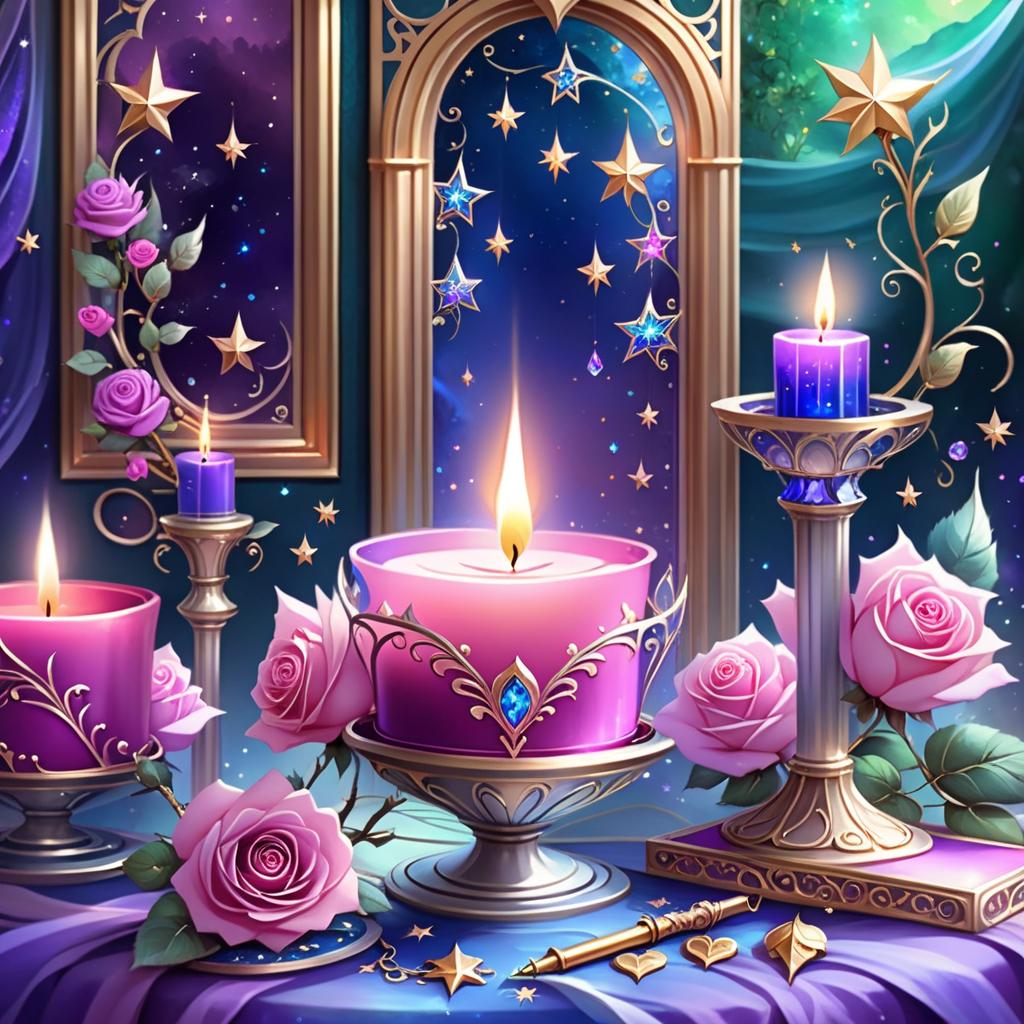  ethereal fantasy concept art of (background):colour:violet blue. (background decoration):silver frames in the shape of hearts and gold fancy stars. (centre):glass square pink candlestick and lighter decorated with fancy roses. (rose colour):pink, dark pink, with cream border. (leaf colour):dark green, green blue, light green. (style):fantasy, fantasy art design, jewellery, interior. . magnificent, celestial, ethereal, painterly, epic, majestic, magical, fantasy art, cover art, dreamy