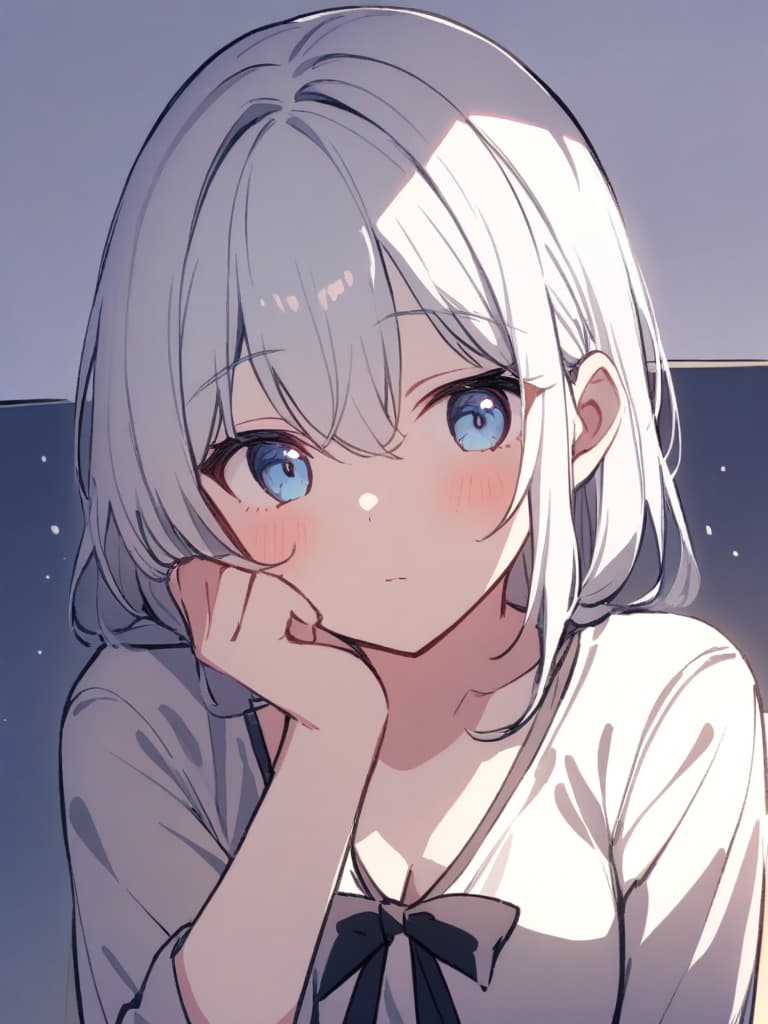  sleepy eyes, 1 girl, white hair, white blue eyes, girl, jit, cute, black ribbon