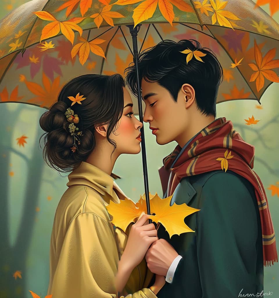  (a pin up masterpiece, multi layered exposition:1.4), depicting (two lovers under an umbrella:1.3) with a surreal image of green, yellow, purple, orange maple leaves on the background of an umbrella by (layering of the composition:1.5). in the hand of a refined, modest girl with an elegant figure (an original bouquet of maple leaves:1.5) and twigs (with clusters of ripe mountain ash:1.5). (the young man gently holds an umbrella:1.6) over a confused companion. cozy warm striped (scarf). a lively illustration with bright accents of autumn, inspired by the works of thomas kincaid and bob ross, conveys the warmth and beauty of autumn with its bright colors and intricate details. soft lighting, (romantic atmosphere conveys the feeling of excitem