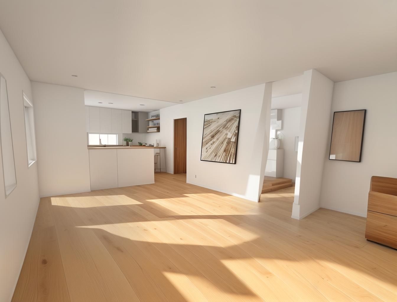  produce a photorealistic rendering of a minimalist living room with a wooden floor. the space should feature a simple, modern sofa as the focal point, with clean lines and neutral colors that complement the natural wood grain of the flooring.