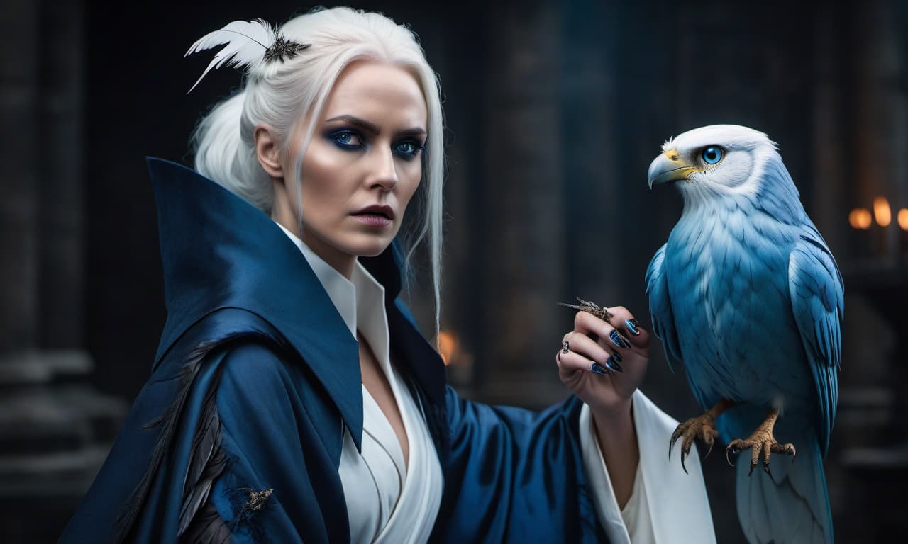  macabre style hogwarts, woman, white light clothing, white magical robe, platinum hair, blue eyes, bird feathers, claws, angry, furious, beak . dark, gothic, grim, haunting, highly detailed, hkmagic hyperrealistic, full body, detailed clothing, highly detailed, cinematic lighting, stunningly beautiful, intricate, sharp focus, f/1. 8, 85mm, (centered image composition), (professionally color graded), ((bright soft diffused light)), volumetric fog, trending on instagram, trending on tumblr, HDR 4K, 8K