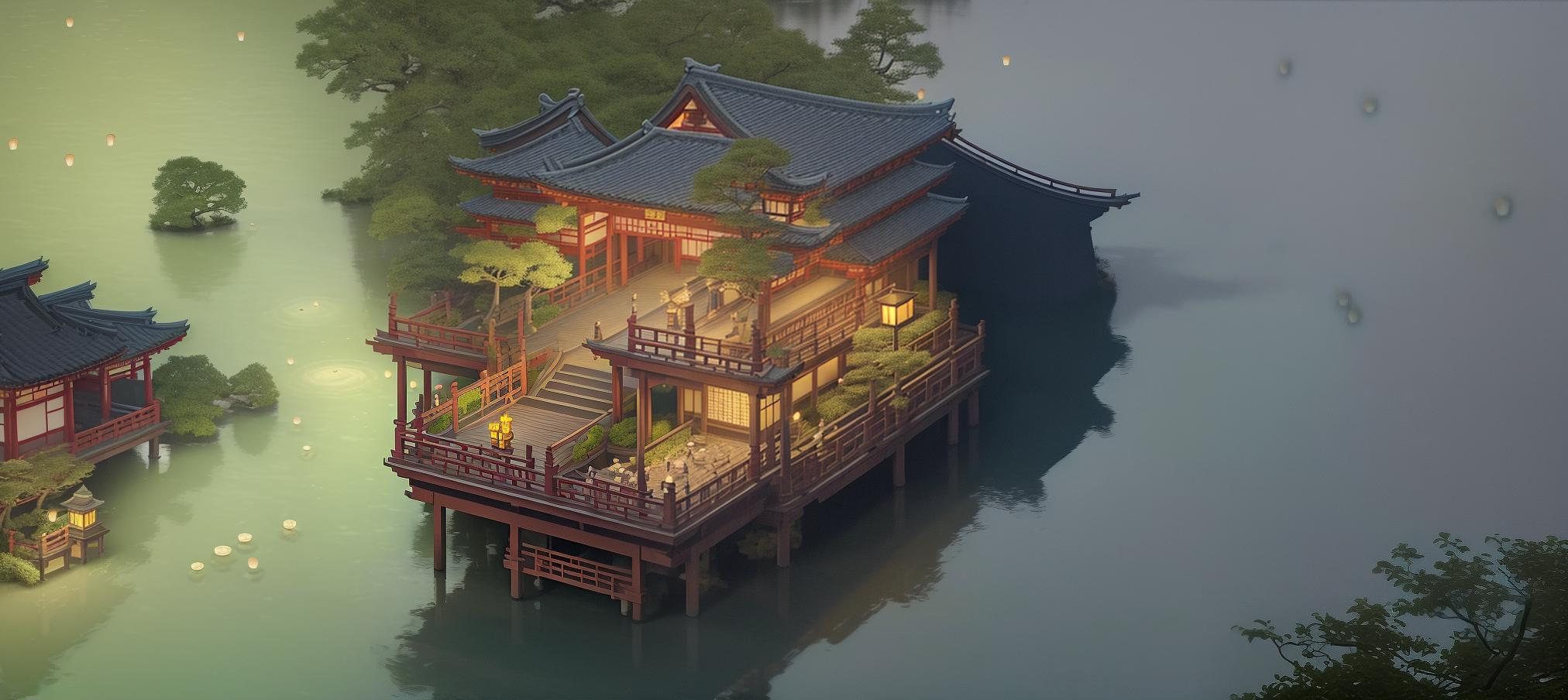  masterpiece, best quality, (fidelity: 1.4), best quality, masterpiece, ultra high resolution, 8k resolution, a night view inspired by japanese art, featuring a garden illuminated by paper lanterns and a wooden bridge spanning a tranquil lake, by the lakeside, there is a small zen temple. the water reflects the starry sky.