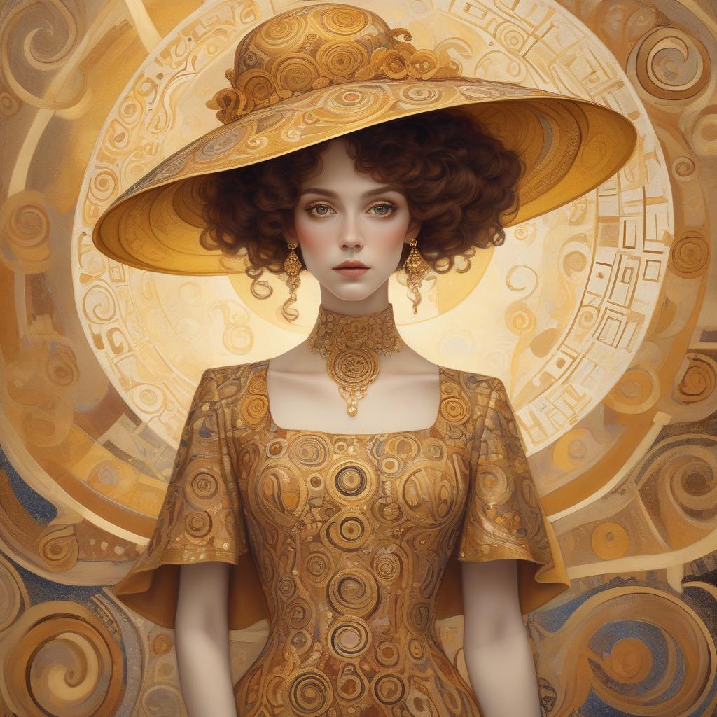  a woman with large, ornate hat and detailed garment in a style reminiscent of gustav klimt's artwork, featuring golden swirls and patterns. woman with a big elegant hat and modest dress with different colours style klimt. warm colours.