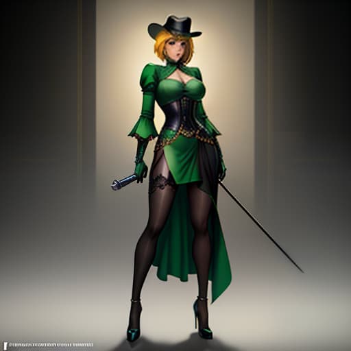  woman, yellow hair, short hair, green eyes, green dress of the viktorian era, black hat, black gloves, cane in hand, deep decolt, shot 35 mm, realism, octane render, 8k, trending on artstation, 35 mm camera, unreal engine, hyper detailed, photo realistic maximum detail, volumetric light, realistic matte painting, hyper photorealistic, trending on artstation, ultra detailed, realistic hyperrealistic, full body, detailed clothing, highly detailed, cinematic lighting, stunningly beautiful, intricate, sharp focus, f/1. 8, 85mm, (centered image composition), (professionally color graded), ((bright soft diffused light)), volumetric fog, trending on instagram, trending on tumblr, HDR 4K, 8K