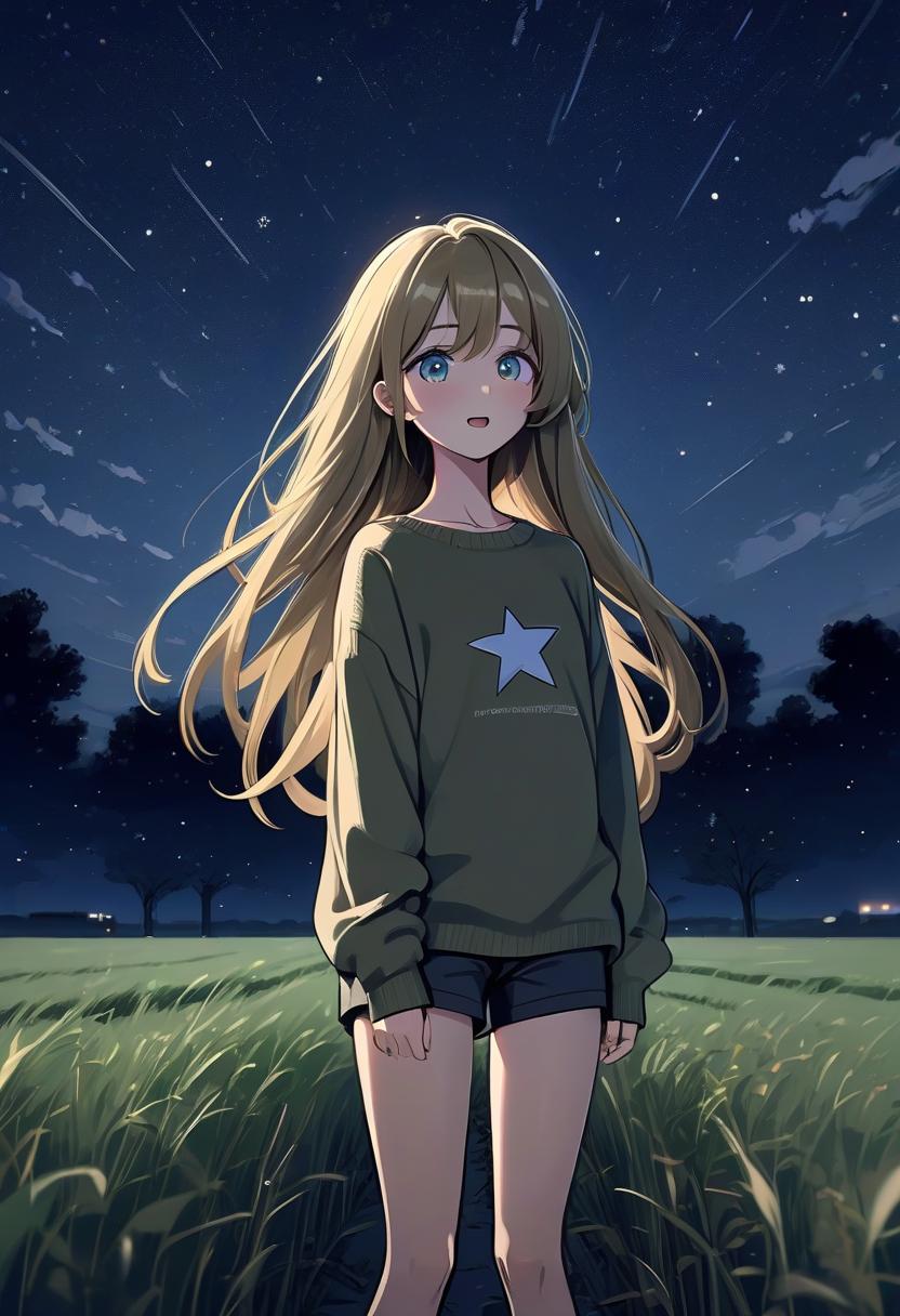  architectural style a girl in anime style with long hair stands in the middle of the field at night wearing a khaki sweater and pants. the girl looks at the starry sky at night, her eyes of a specific color are full of joy from the unknown and curiosity. her face is a little happy. she pulls her hand up towards the night sky. her knee high growth . clean lines, geometric shapes, minimalist, modern, architectural drawing, highly detailed