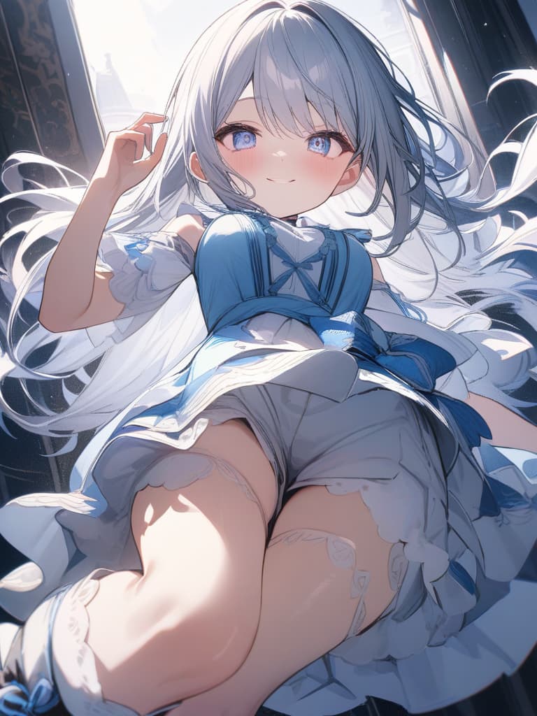  heart, smiling, girl, loli, ross, jumping, silver hair, light blue eyes, heart in the eyes, masterpiece, best quality,8k,ultra detailed,high resolution,an extremely delicate and beautiful,hyper detail