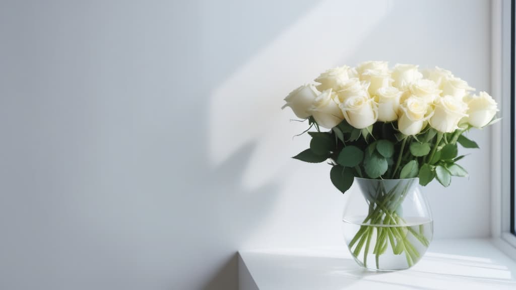  White roses stand in a vase against the background of a wall and part of the interior of a white apartment, ((place for text)), soft lighting, sunlight, style minimalism ar 16:9 high quality, detailed intricate insanely detailed, flattering light, RAW photo, photography, photorealistic, ultra detailed, depth of field, 8k resolution , detailed background, f1.4, sharpened focus