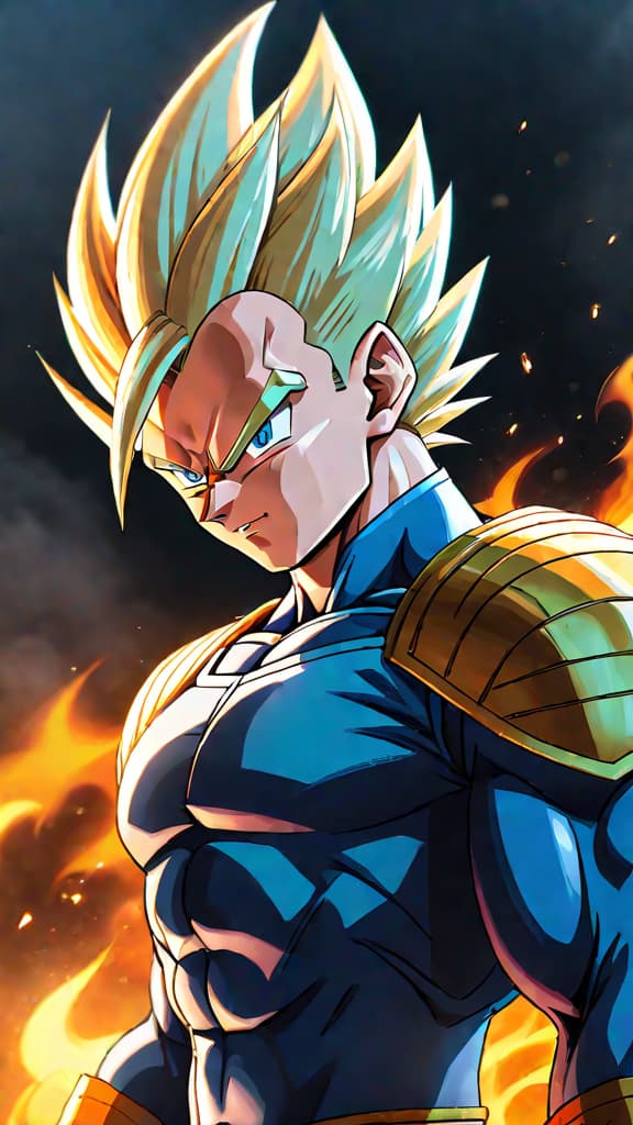  anime art: vegeta transforms into a super saiyan, his golden hair and teal eyes shining with power. hyperrealistic, full body, detailed clothing, highly detailed, cinematic lighting, stunningly beautiful, intricate, sharp focus, f/1. 8, 85mm, (centered image composition), (professionally color graded), ((bright soft diffused light)), volumetric fog, trending on instagram, trending on tumblr, HDR 4K, 8K